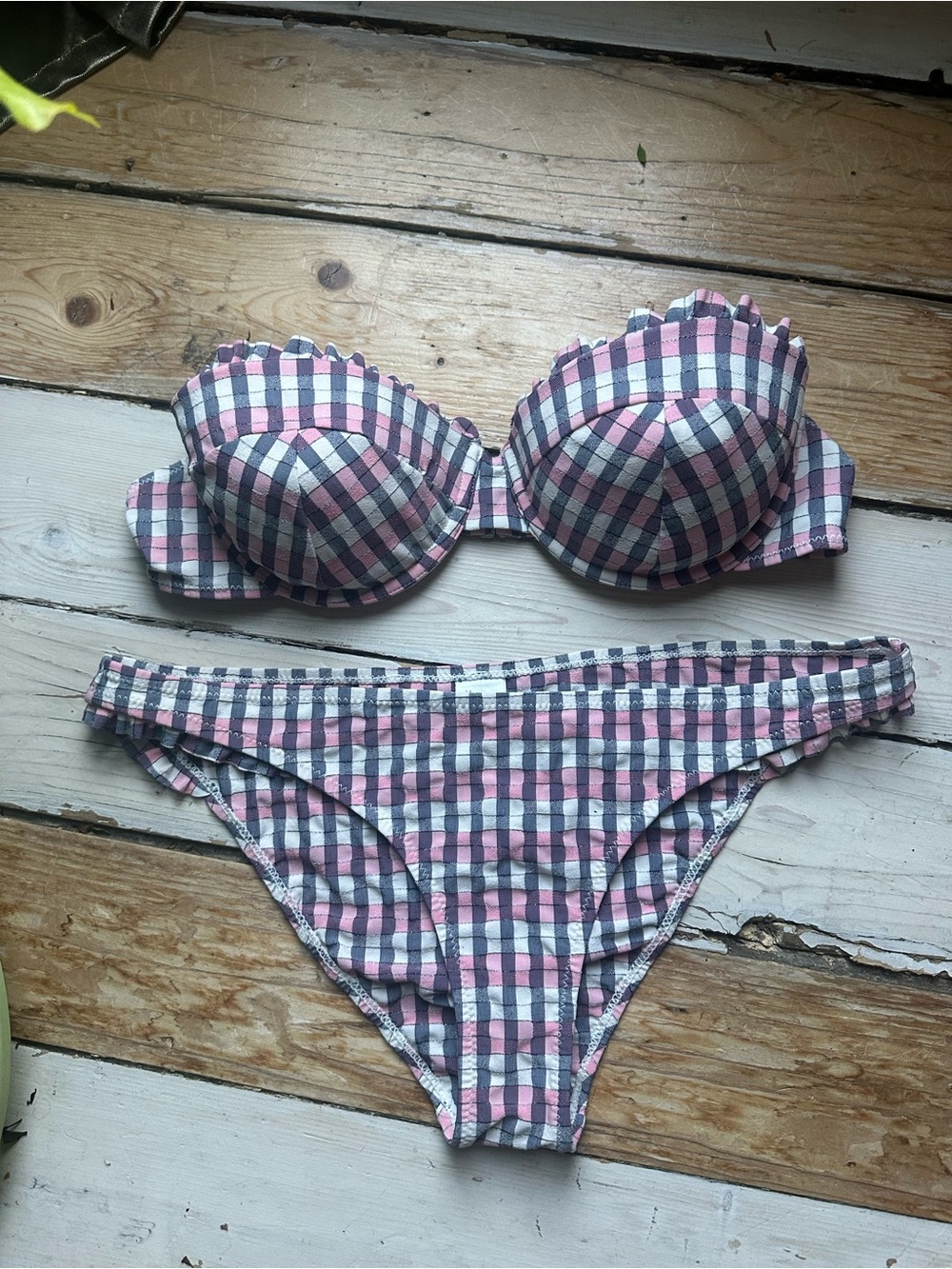 Topshop Pink, Navy & White Gingham Strapless Bikini Set